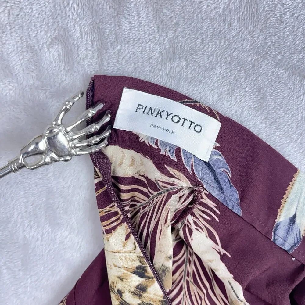 Pinkyotto New York Blouse Mock Nexk Feather Print Burgundy Top Med Boho Earthy